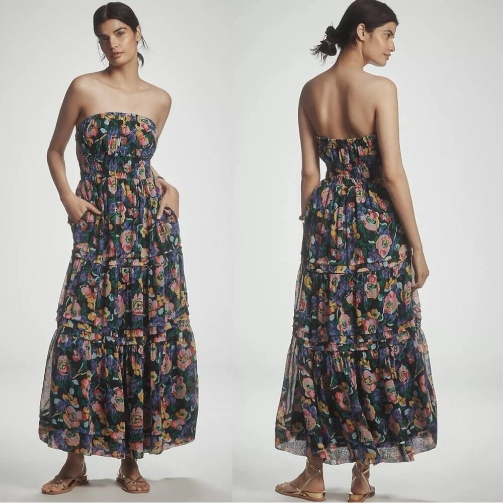Anthropologie The Somerset Strapless Floral Chiffon Maxi Dress